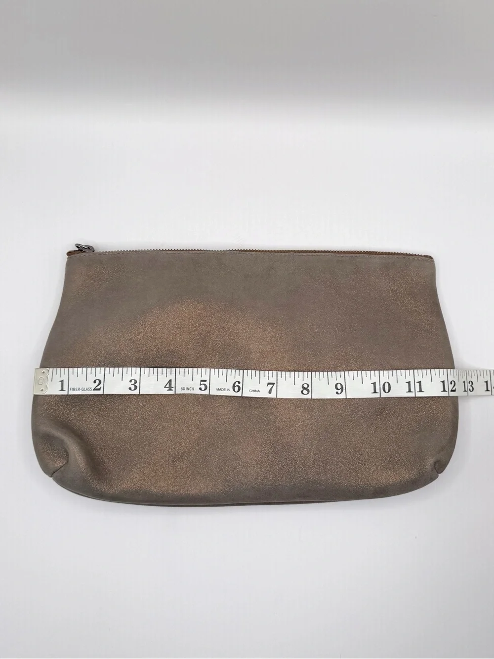 Brunello Cucinelli Metallic Suede Leather Zip Pouch Clutch Taupe Beige Italy Lux